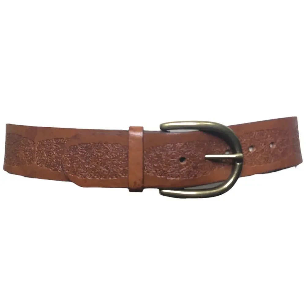 Leather Belt Brown Engraved Floral Vine Wide Italian Leather Medium